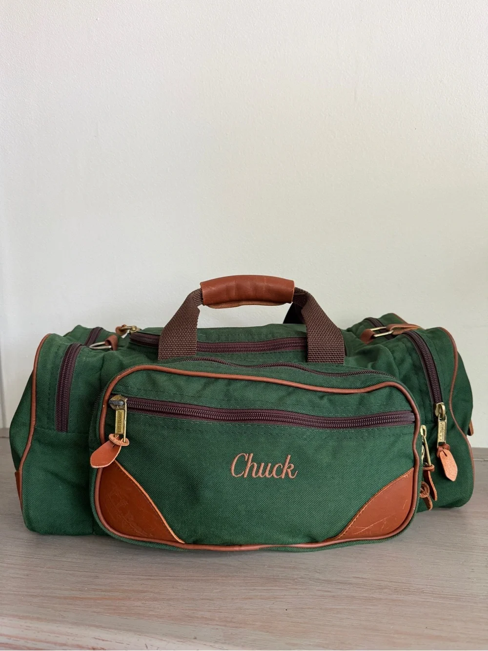 Vintage LL Bean Green Continental Weekender Duffle Bag Canvas Leather Mono CHUCK